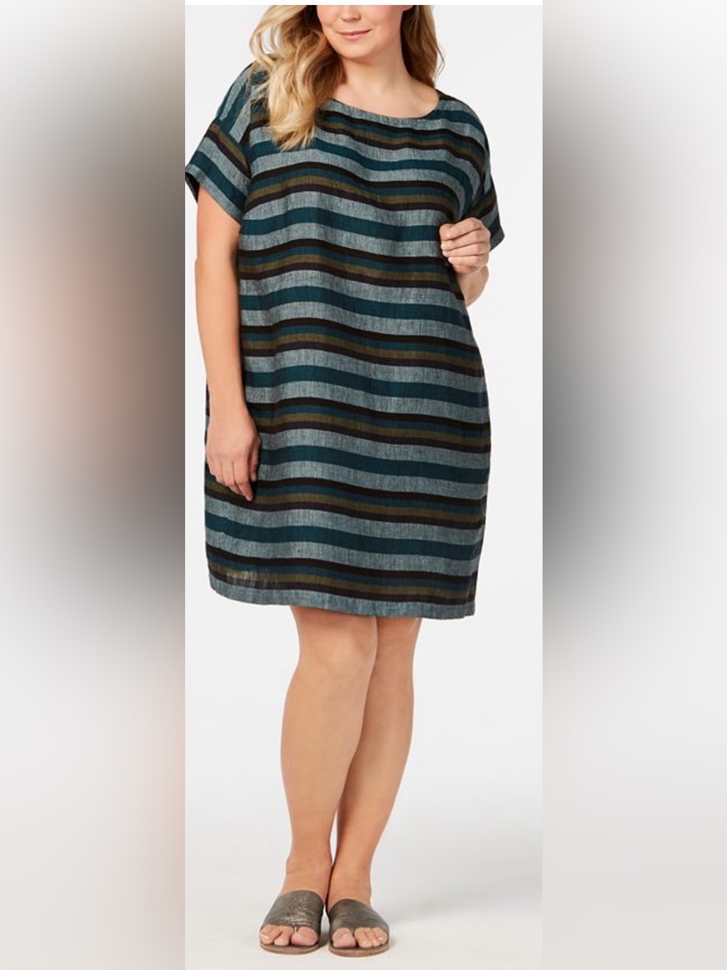 Eileen Fisher Teal, Black And Gray Striped Dress Sz Xl